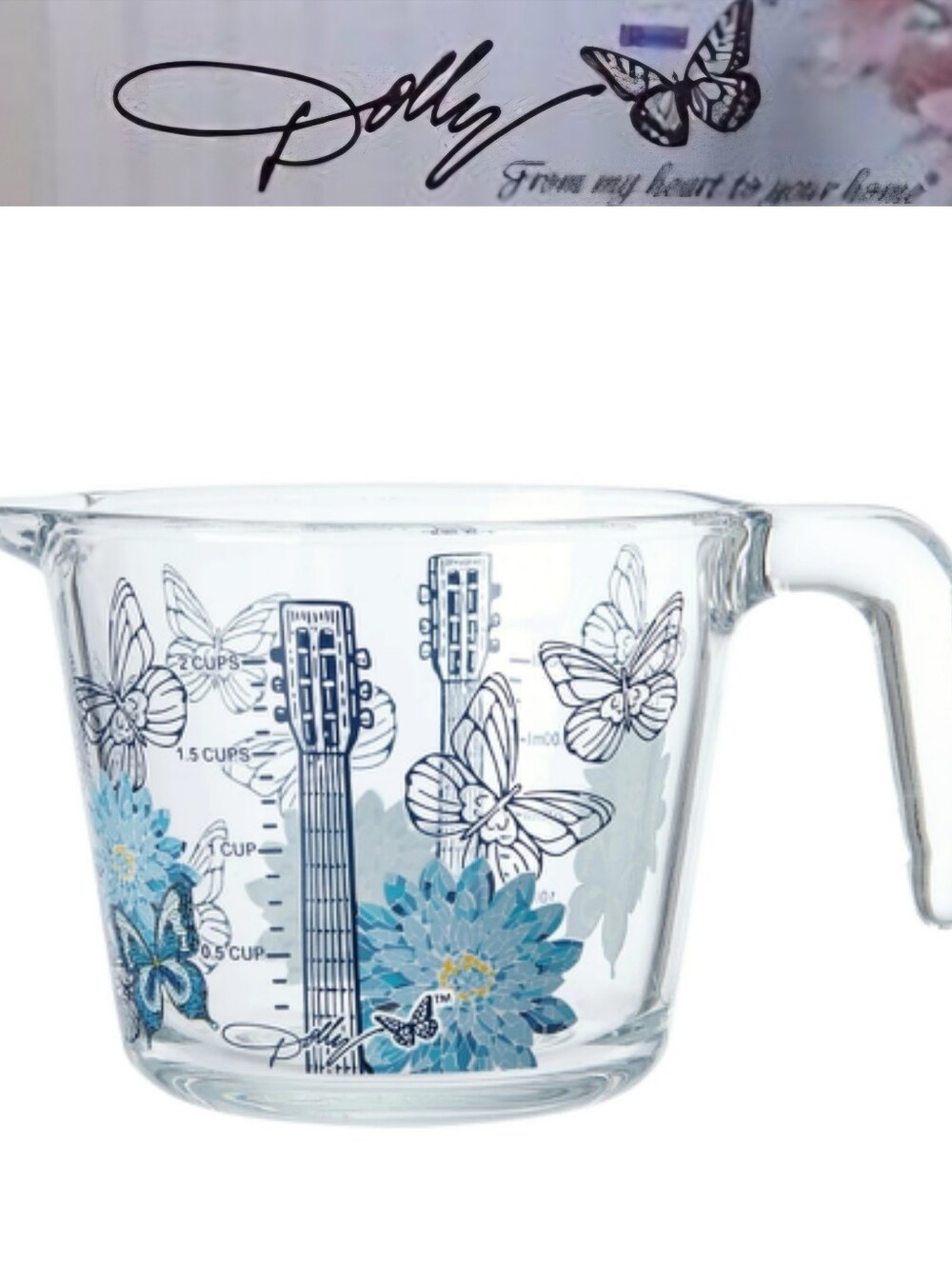 Dolly Parton 2-Cup Glass Floral Butterfly Glass Measuring Cup